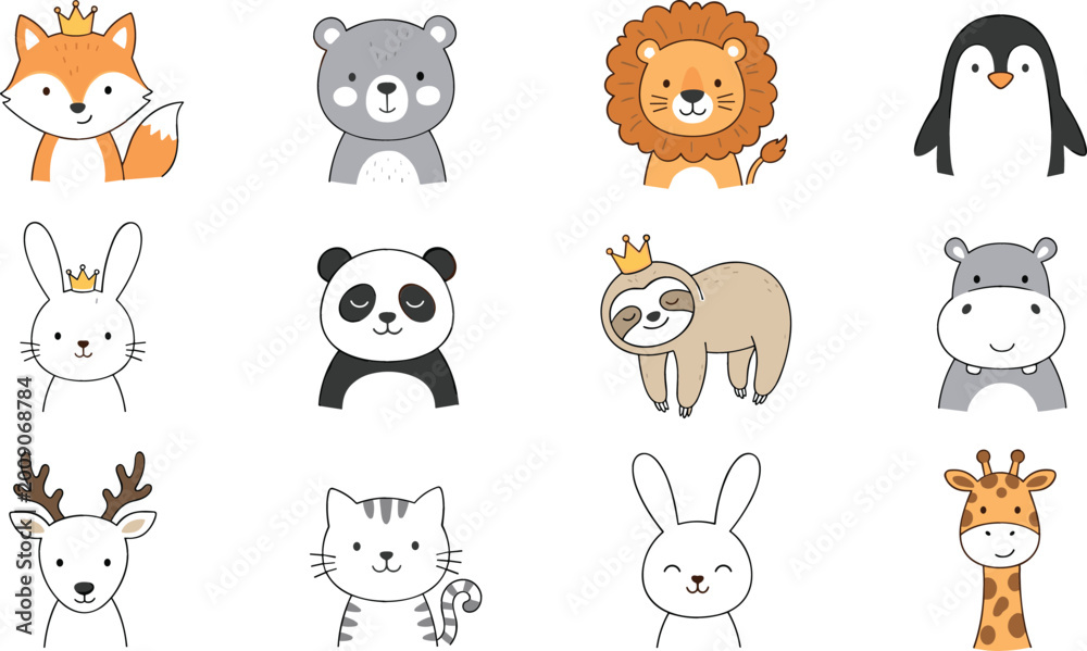 Fototapeta premium Cute Animal Head Illustration Set with Fox, Bear, Lion, Penguin, Rabbit, Panda, Sloth, Hippo, Deer, Cat, and Giraffe for Kids’ Designs