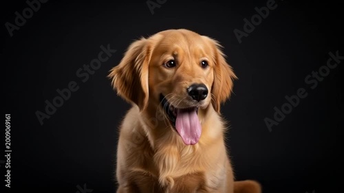 A happy purebred golden retriever puppy and adult dog sit for a cute studio portrait, showing an adorable domestic canine friend isolated on a white background