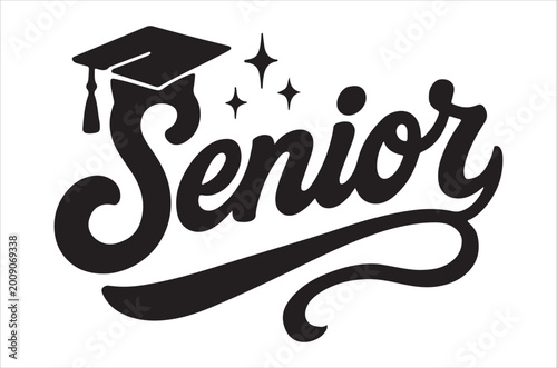 Senior typography with graduation cap black silhouette on white background