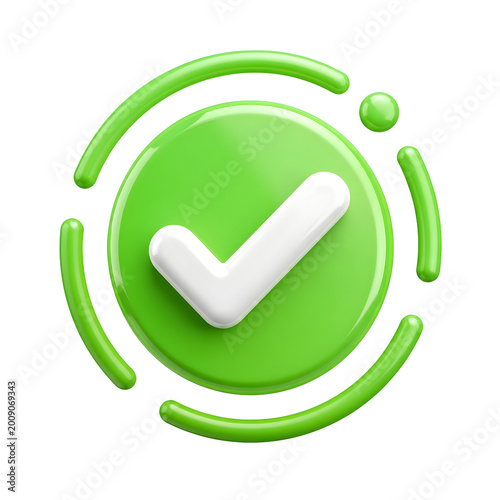 Clean Green Check Mark Icon Inside Circular Frame With Light Reflections On Transparent Background 3D Render