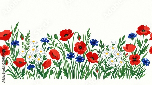 A whimsical gouache garden where vibrant poppies and cornflowers dance in a cheerful, hand-painted row.