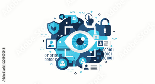 Biometric Eye Scan and Digital Identity Security Illustration, Cyber Data Protection and Privacy Concept with Padlock, Shield, and User Profiles on White Background