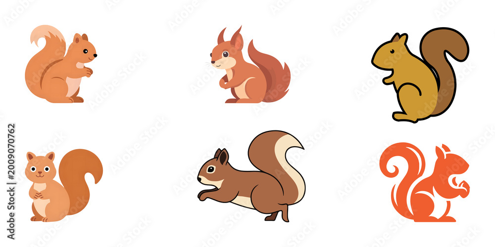Fototapeta premium Cute cartoon squirrel characters set in various poses, flat vector illustration
