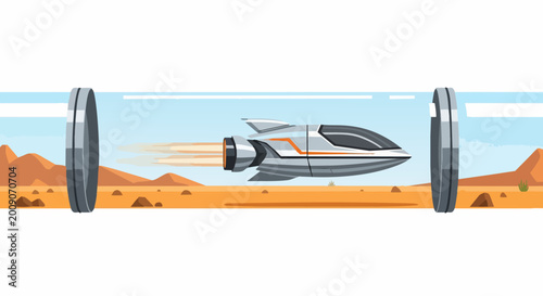 Futuristic Hyperloop Pod Travel at High Speed in Vacuum Tube Over Desert Landscape, Innovative Transportation Technology Vector Illustration
