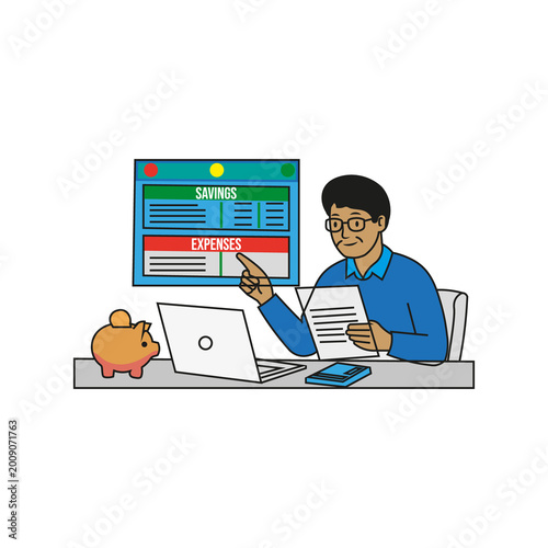 man analyzing savings and expenses on laptop at desk