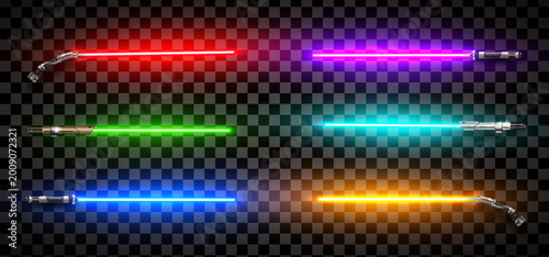 Fotografija New realistic design colored neon swords pack isolated on dark transparent background