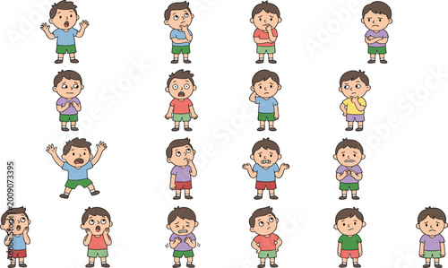 Set of cute boy emotions and expressions cartoon characters showing different feelings, gestures, and moods for kids behavior, psychology, and educational design