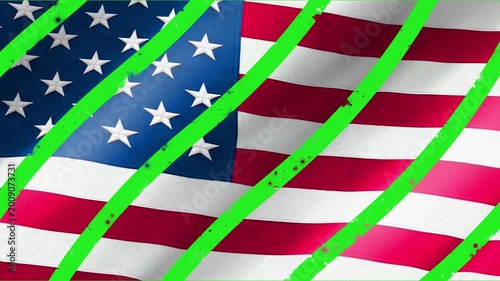 Dynamic video transition featuring stripes with the American flag texture flying across a green screen background. A perfect chroma key wipe effect for patriotic edits, news, and election videos