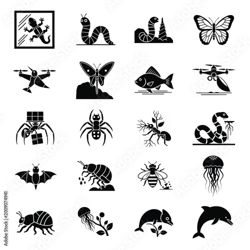 Canvastavla Collection of black and white vector illustration of various insects and arthrop