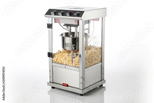 Popcorn machine filled with popcorn on white background