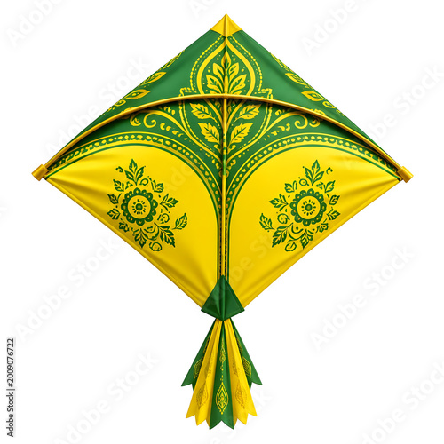 A Yellow and Green Diamond Shaped Kite With Intricate Golden Patterns And A Tassels Tail Isolated On A White Background