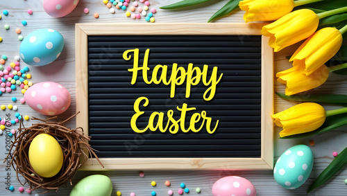 Happy Easter Chalkboard Sign with Colorful Eggs