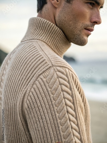 Man wearing a textured knit turtleneck sweater outdoors