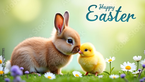Cute Easter Bunny and Chick with Colorful Eggs
