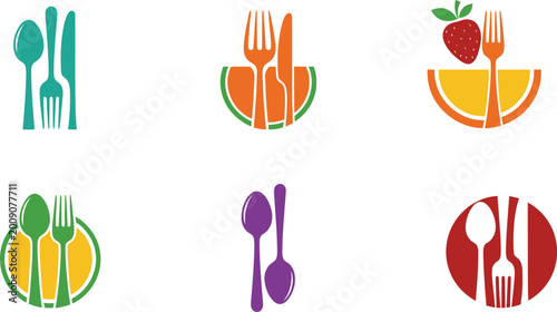 Colorful food and kitchen utensils vector icons set. flat design restaurant dining elements