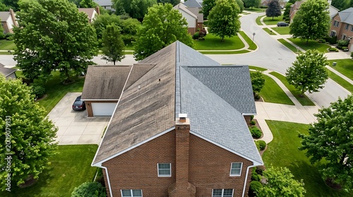 Aerial View of Residential House Roof with Half Cleaned, Half Dirty Surface Showcasing Before and After Transformation for Property Maintenance