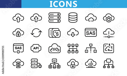 Modern collection of technology and cloud storage icons isolated on transparent background