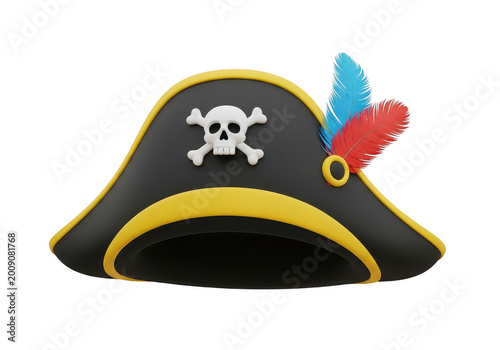 A pirate hat adorned with colorful feathers and a skull and crossbones emblem