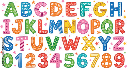 Cuadro en lienzo Alphabet and Numbers Illustration Featuring Decorative Letters and Digits in Col