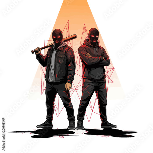 Foto Masked Men with Baseball Bat, Criminal Threat, Danger, Urban Violence, Dark Figu