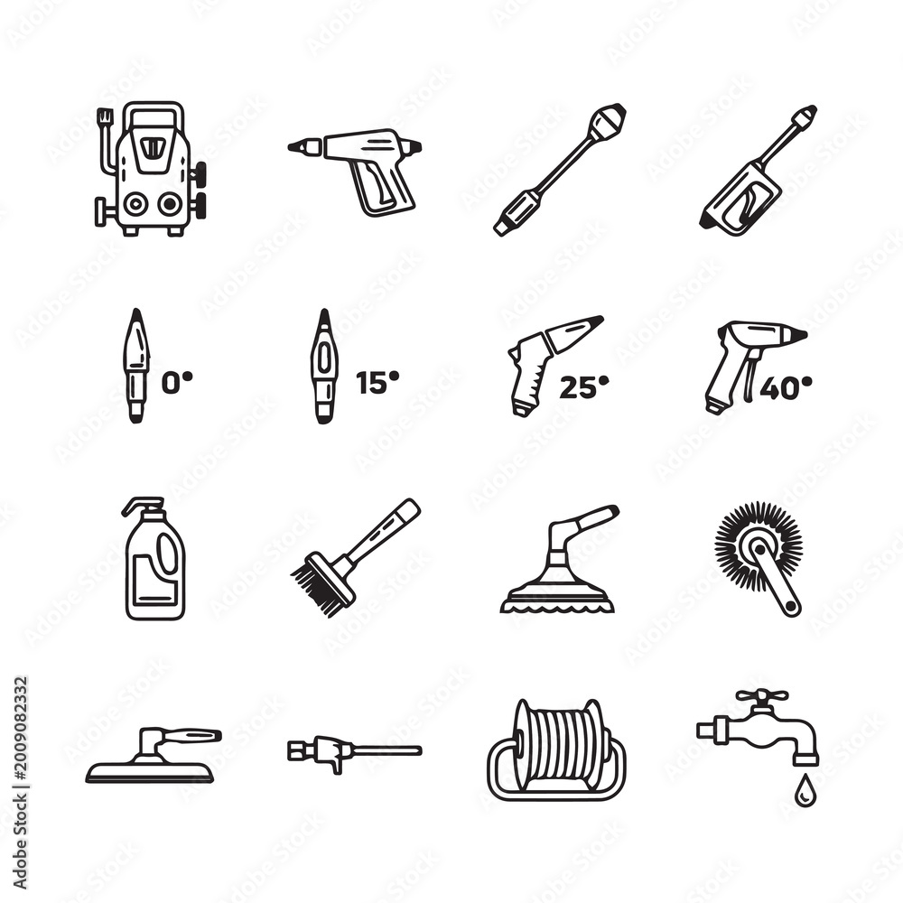 Fototapeta premium Pressure Washer Accessories and Parts Icons in a Clean Doodle Style