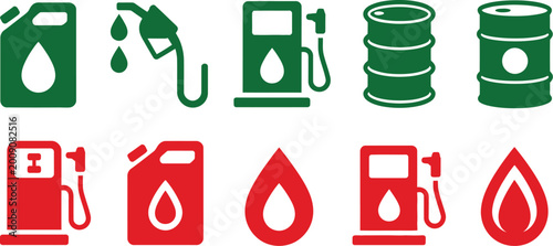 Quadro su tela Gas pump icon set, variety of green and red color variations in modern flat design representing fuel station petrol and energy service symbols