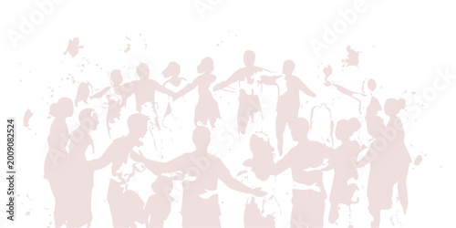 A vector illustration of a fun party crowd featuring a group of people and silhouettes of men and women dancing together as a team to represent a leadership concept