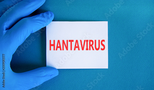 Hantavirus medical words symbol. Concept words Hantavirus on beautiful white card. Beautiful blue background. Doctor hand. Blue glove. Medical Hantavirus concept. Copy space.