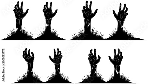 Cuadro en lienzo Creepy zombie hands rising from ground silhouette set isolated on white backgrou