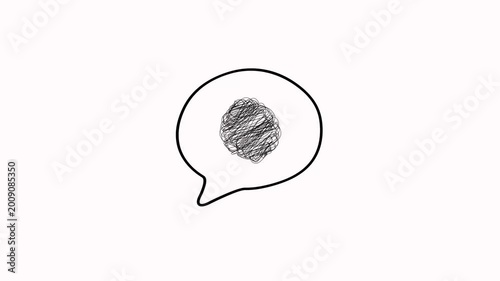 Looped animation of black speech bubble with tangled scribble brain on white background for educational content, mental health topics, representing a chaotic mind or the burdens of stress and anxiety