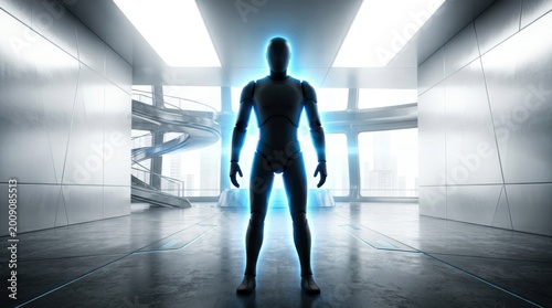 Futuristic humanoid robot standing in a modern minimalist architectural space
