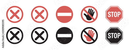Photos Vector illustration prohibition and stop signs icon set, flat warning symbols, n