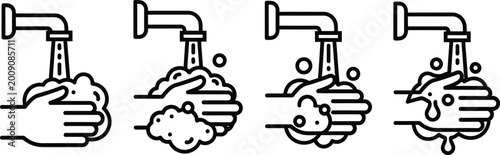 Obraz na płótnie Hand washing steps icon sequence: water flow soap lather rinsing drying with cle