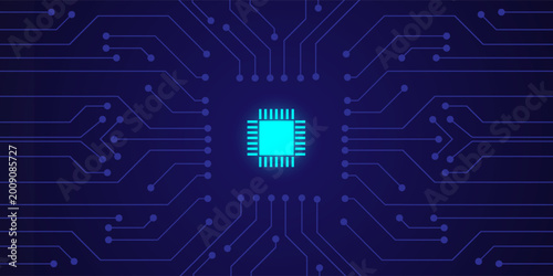Fotografie Abstract digital technology circuit board illustration with glowing blue central