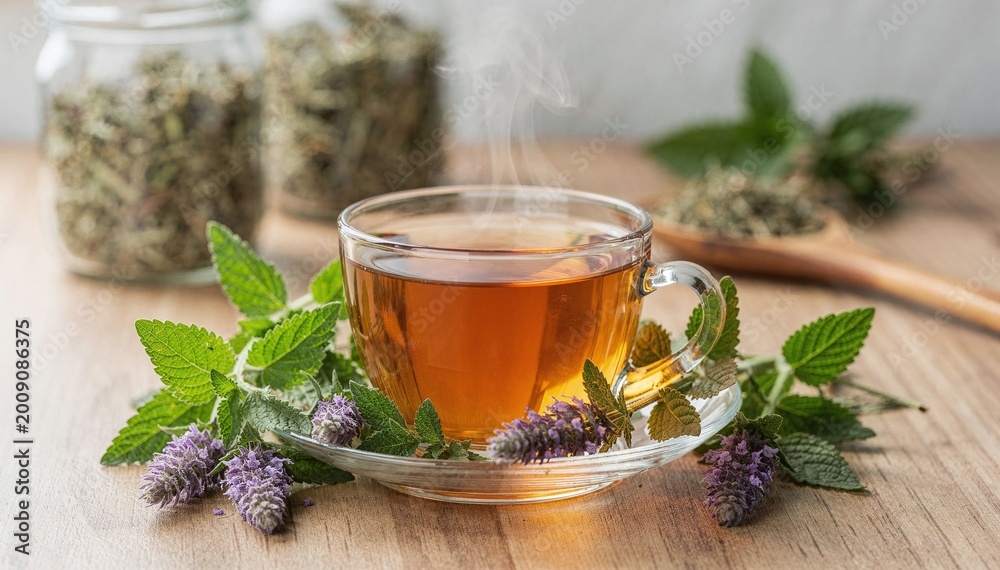 Fototapeta premium Aromatic herbal tea with steaming hot beverage in a clear glass cup, fresh green herb sprigs, and dried leaves on a rustic wooden surface