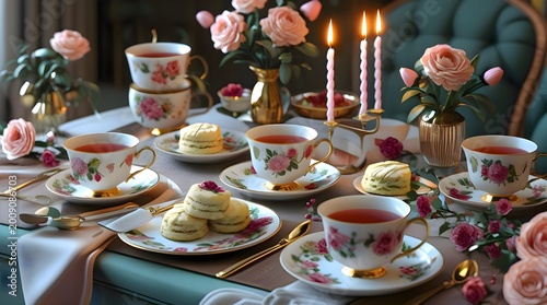 Tea cups and saucers on table, traditional afternoon tea set for social gathering, cafe service or home hospitality decoration