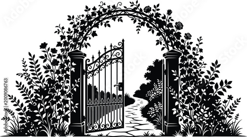 Foto Floral iron gate opening to a path through a beautiful garden with climbing rose
