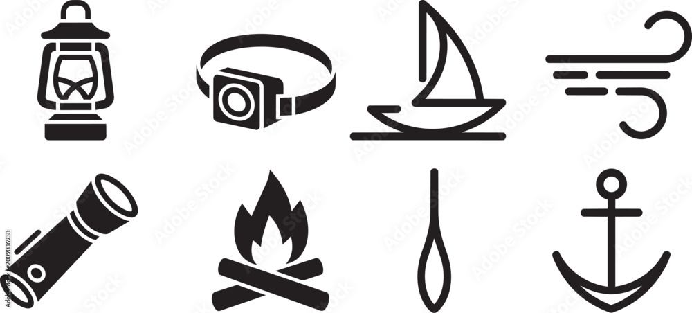 Fototapeta premium Outdoor adventure icons set depicting adventure gear and elements like a lantern and sailboat