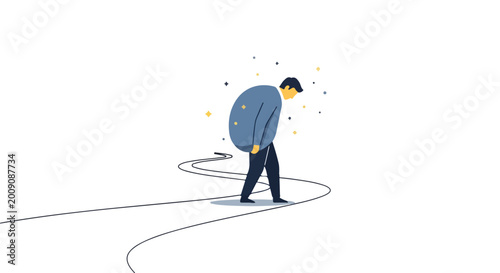 Cuadro en lienzo A weary man with a hunched posture walks along a winding path, surrounded by floating stars in a minimalist vector illustration of life's journey