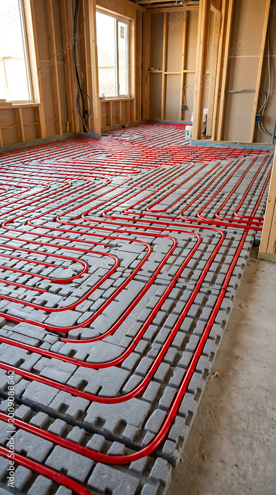 Fototapeta premium Room under construction with radiant underfloor heating system, serpentine red tubing in insulation panels