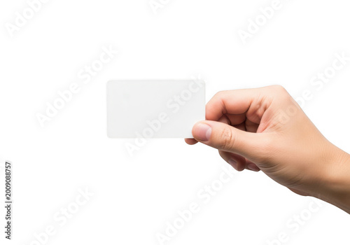 A hand holding a blank white business card