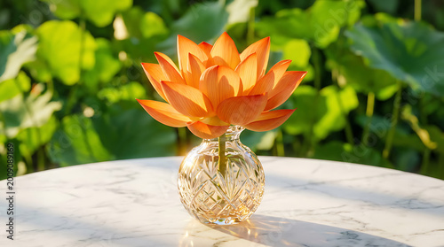 Orange lotus flower in a crystal vase against lush greenery