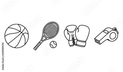 Tableau sur toile Minimalist sports equipment vector illustration set clean black and white outlin