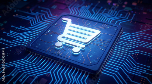 Digital shopping cart icon on glowing computer chip, e-commerce technology concept, futuristic blue electronic circuit board for online retail