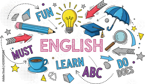 Quadro su tela English language learning doodle set featuring school education icons, lightbulb idea, graduation cap, pencil, and magnifying glass for student study and classroom teaching designs
