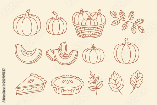 Fotografía Autumn harvest set with pumpkins, leaves, and pumpkin pie outline sketch vector