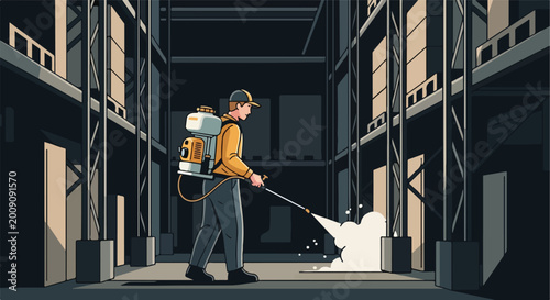 A worker in a large warehouse uses a sprayer to sanitize the storage floor area