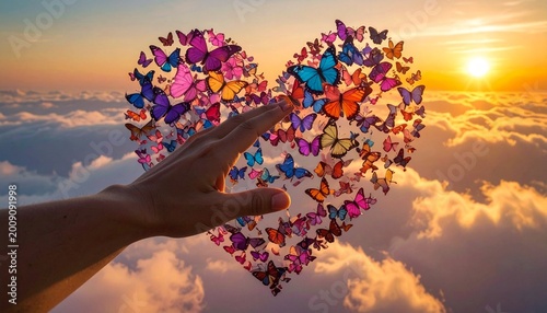 Hand Reaching Toward Heart of Butterflies at Sunset Showcasing Love, Freedom, and Conceptual Photography Design