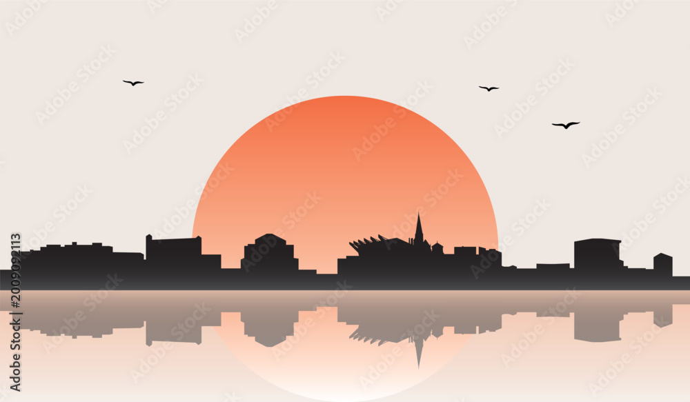 Obraz premium Minimalist contemporary Japanese-style drawing of a half sun skyline with water reflection poster panorama of BREMEN, GERMANY