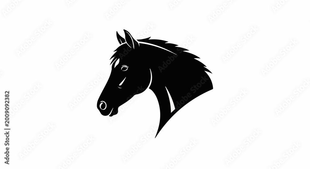 Fototapeta premium Silhouette of a powerful horse's head facing left, black on white